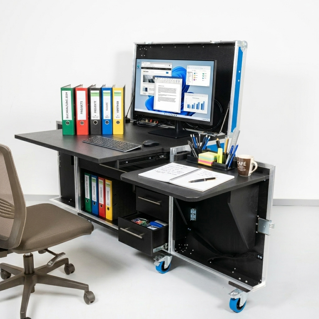 OfficeCase für Laptop und Bürobedarf Version 2 (mit Klapptisch und Türe)