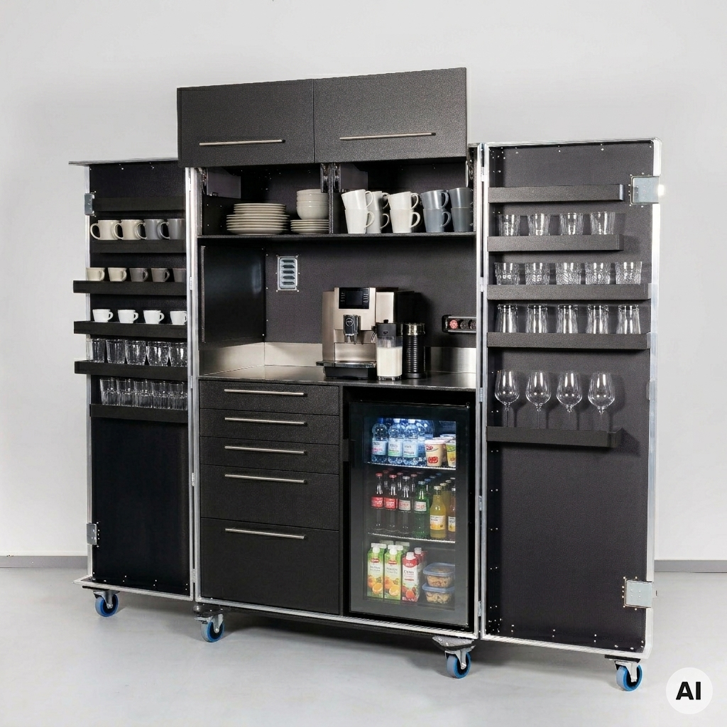 Küchencase/Cateringcase mit Edelstahlarbeitsfläche und Kühlschrankfach