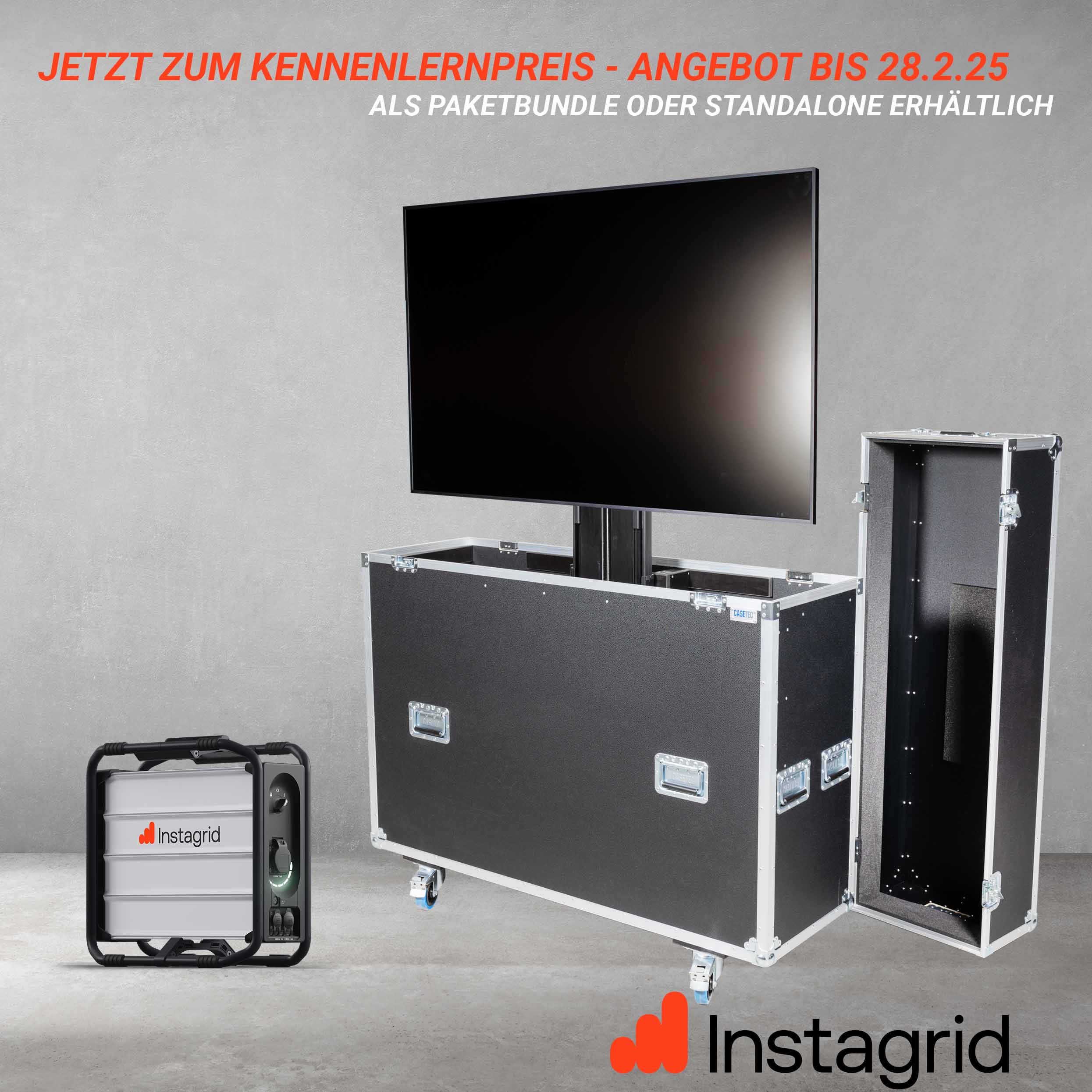 Flightcase mit elektrischem Hublift für einen Flachbildschirm 46-55" mit Instagrid One Integration Flightcase mit elektrischem Hublift für einen Flachbildschirm 46-55" mit Instagrid One Integration