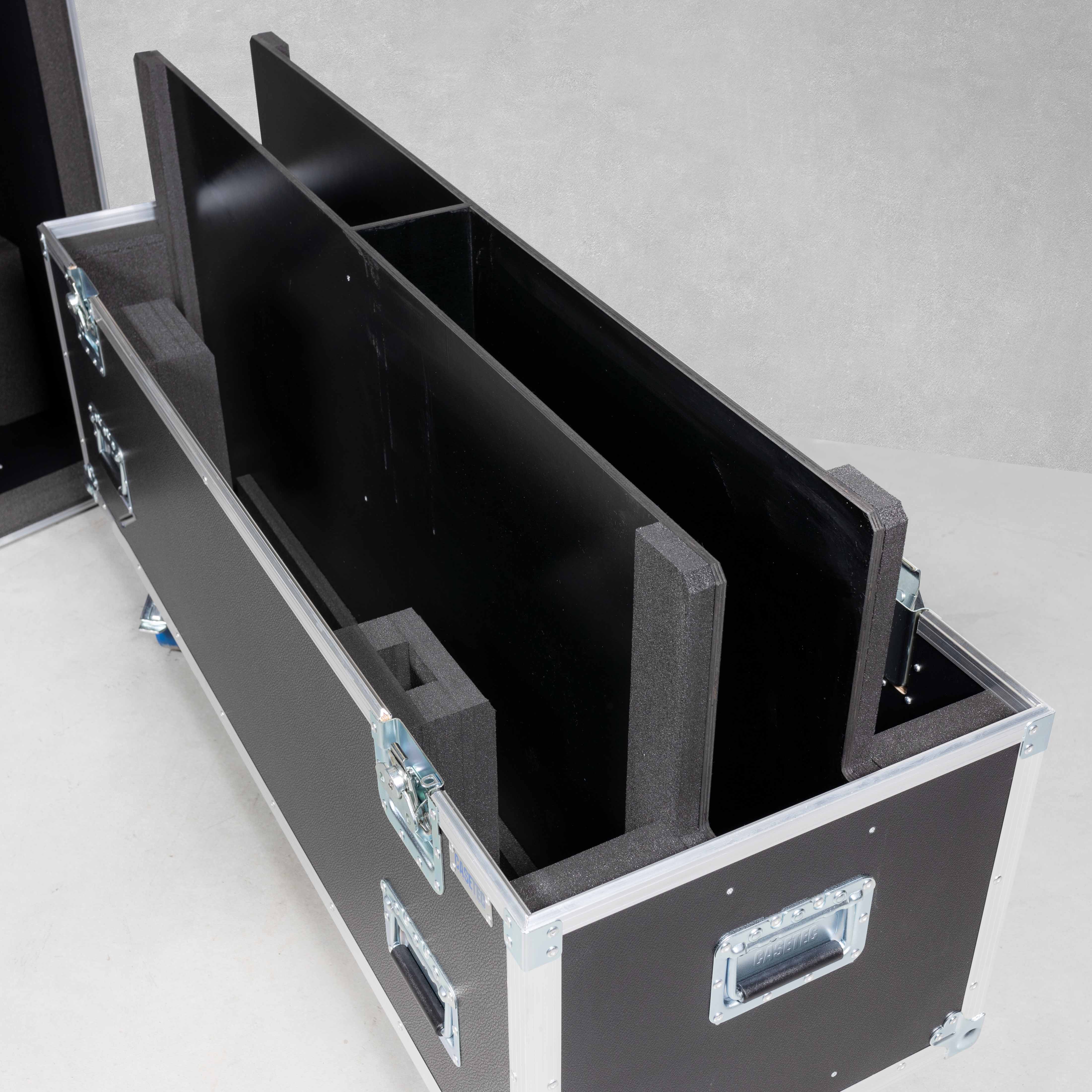 Flightcase für zwei Flachbildschirme 55" mit Zubehörfach mittig