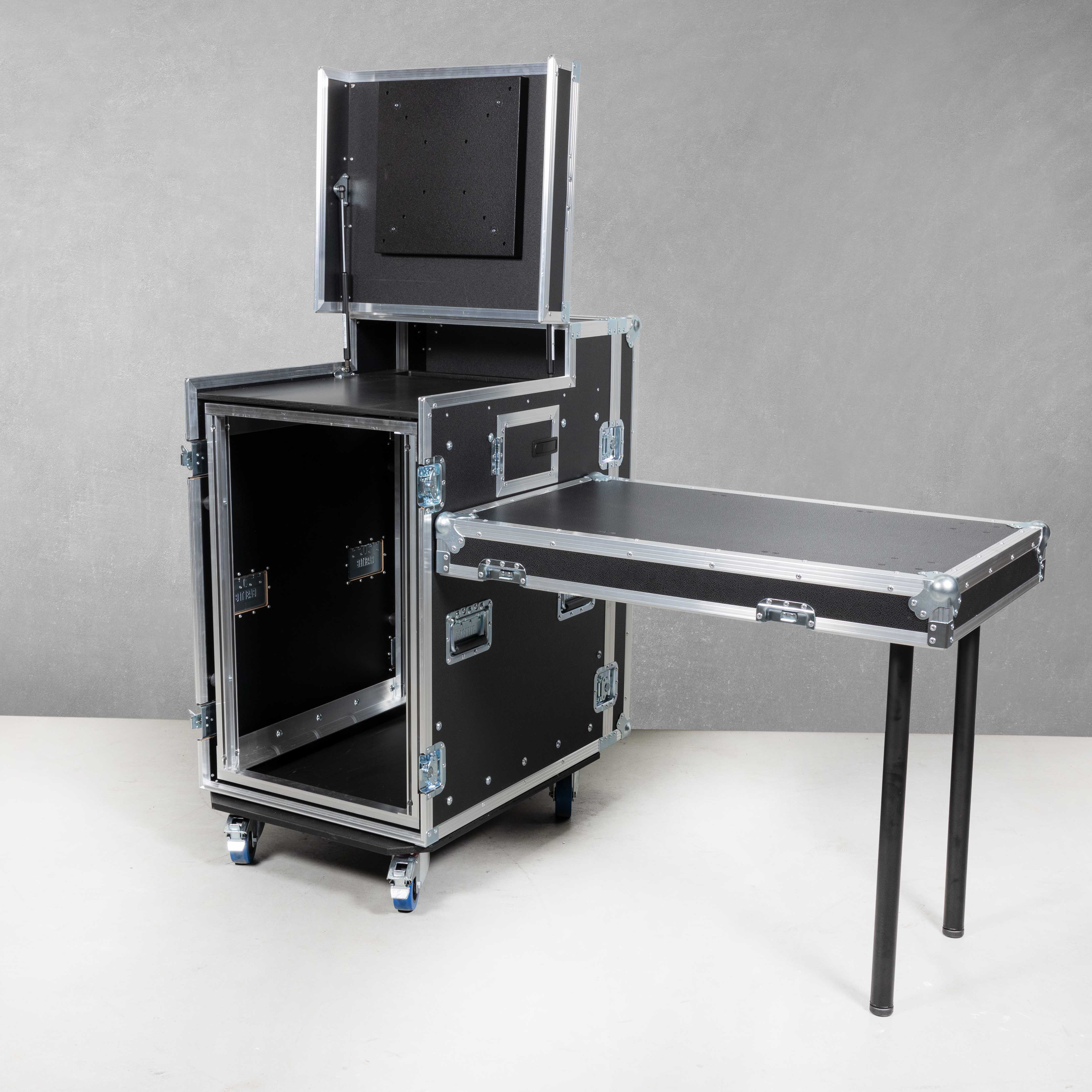 Universal Regieflightcase mit Arbeitsfläche und 16HE 19" Shockmount Einheit